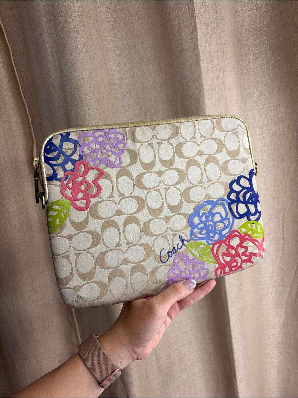Coach Beige Signature Floral Canvas Pouch 11inch Ipad fits inside
